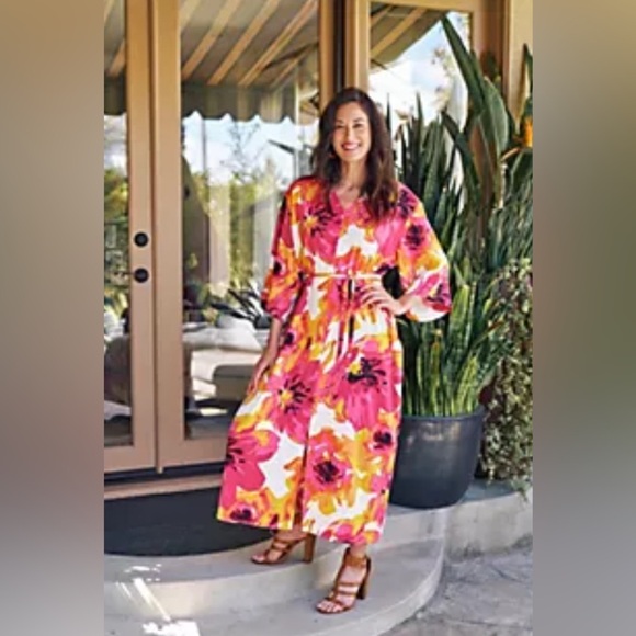 Vibrant Red and Orange V-Neck Midi Sundress - Picture 2 of 4